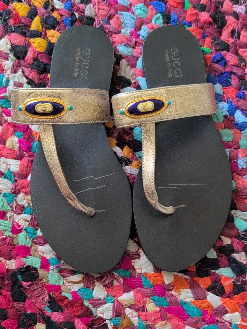 Gucci Metallic Gold Thong Sandals with Black Footbed and Blue Accents